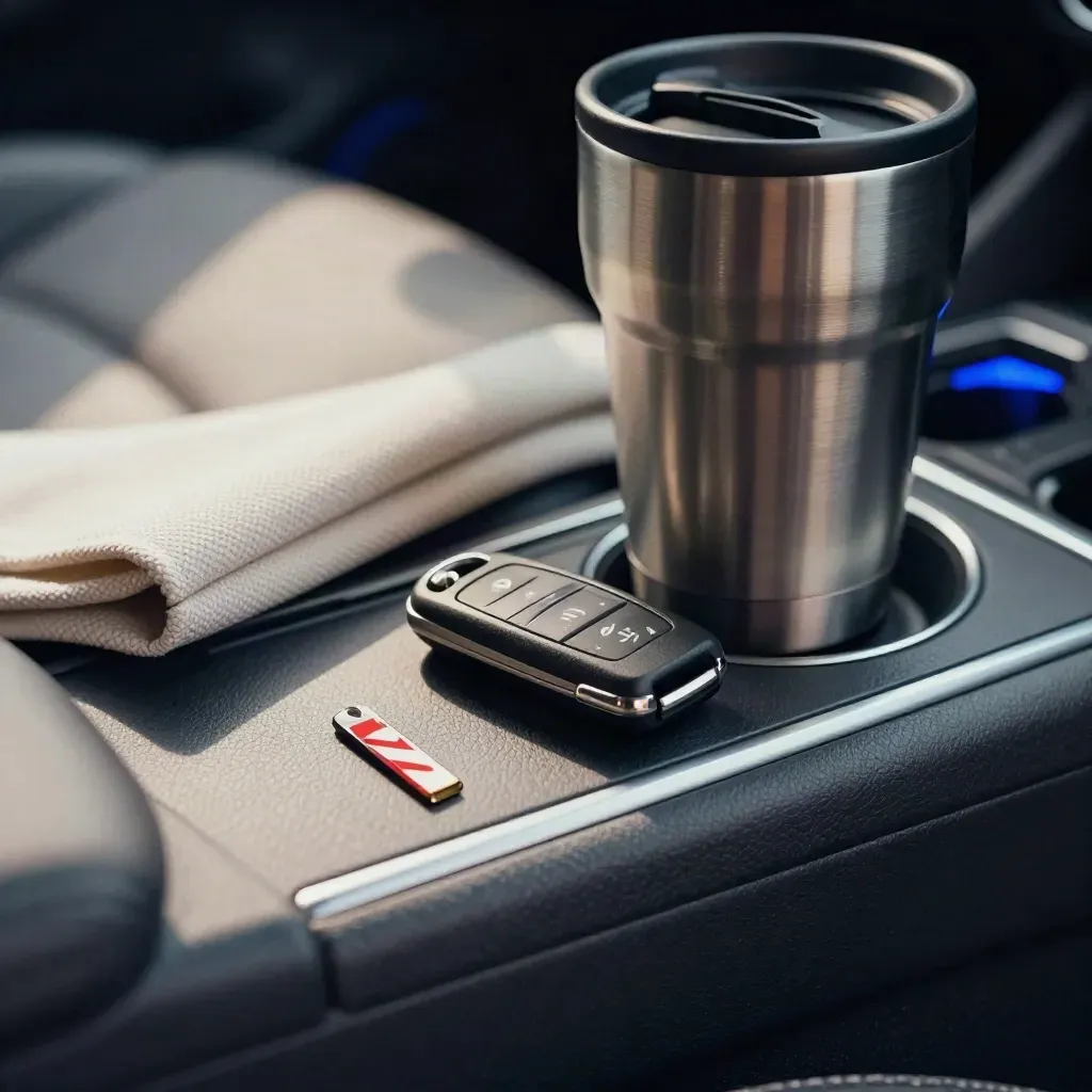 Key fob, travel mug, seat cover, and lane token on a car console edge.