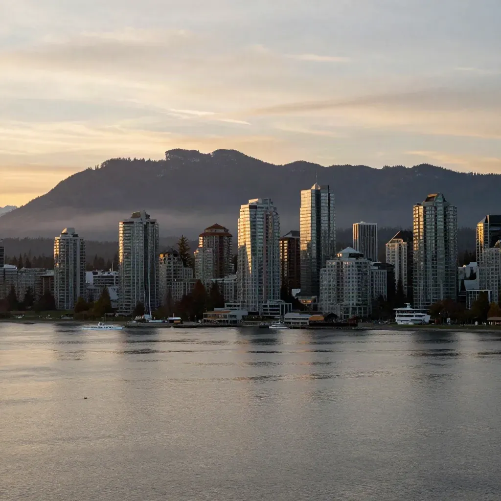 Vancouver skyline and North Shore mountains in golden marine haze over Burrard Inlet