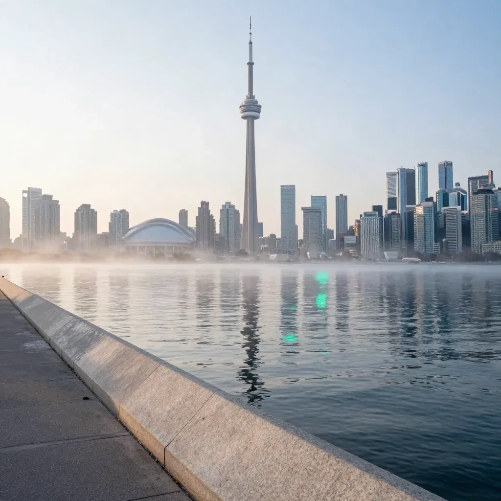 Toronto skyline with CN Tower above misty Lake Ontario at dawn