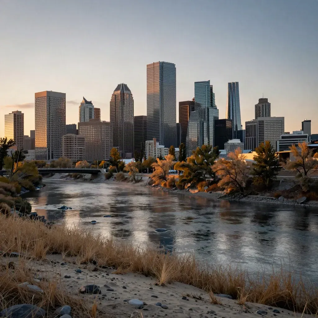 Calgary towers above the Bow River at golden hour with prairie grass and haze
