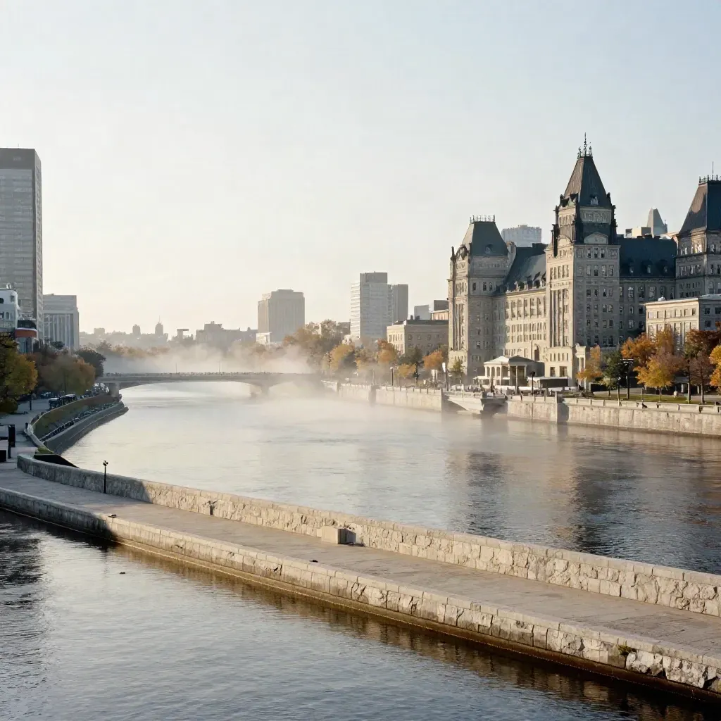Hazy Ottawa–Montreal river corridor with stone civic rooftops high above a calm silver water foreground