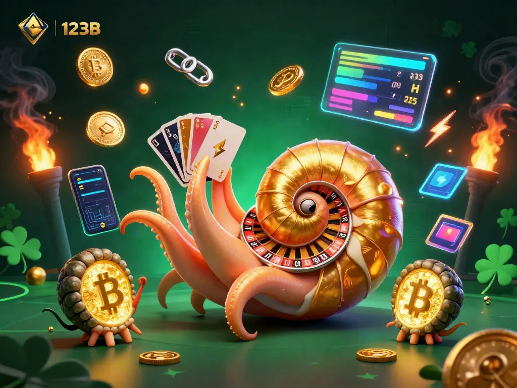 123B showcases a vibrant, thrilling casino environment with a giant nautilus roulette wheel and vibrant crypto elements.