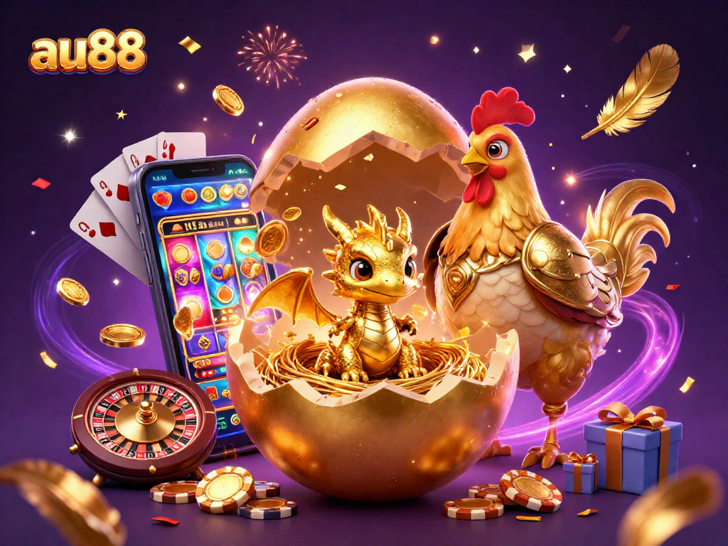 Experience thrilling excitement with au88's colorful slot game, featuring a golden baby dragon and poker chips.