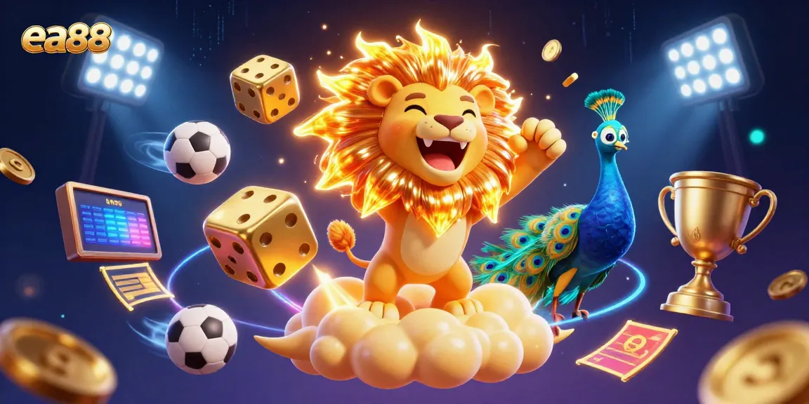ea88 players celebrate with golden lion and sports elements in a vibrant casino scene