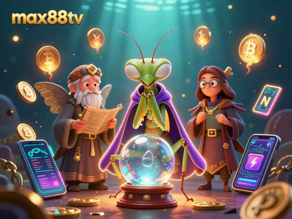 Engage with max88tv's dynamic casino experience through vivid 3D illustrations of fortune tellers and crypto elements.