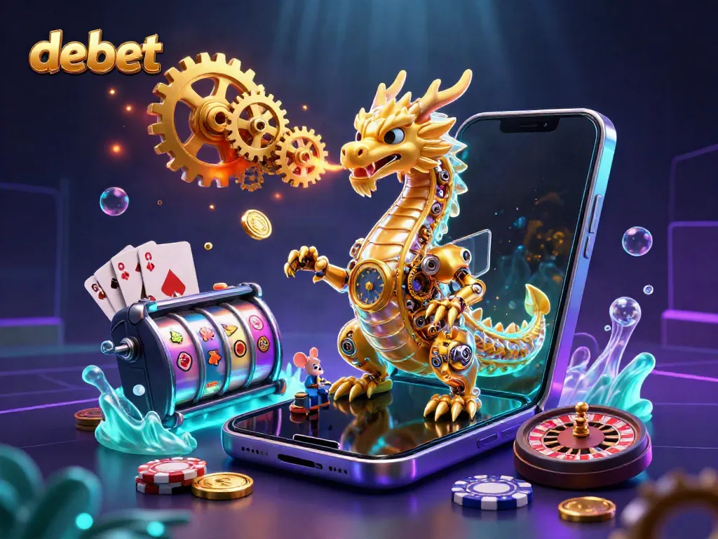 Engage in thrilling gameplay at debet, featuring a golden dragon surrounded by vibrant casino elements.