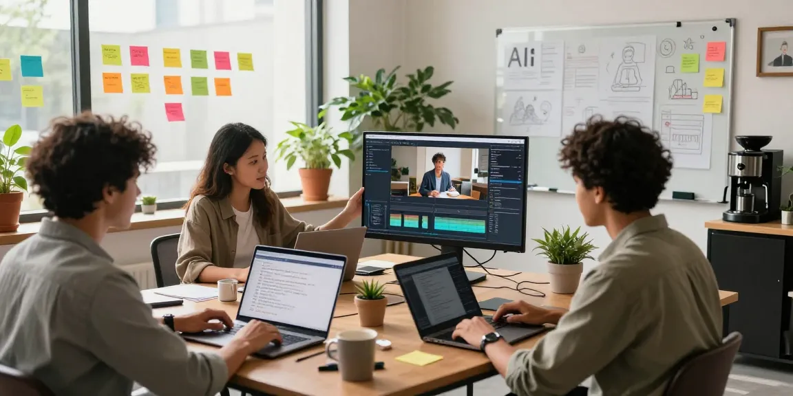 AI video generator in a vibrant workspace where creators develop engaging content using text prompts on laptops and large monitors.