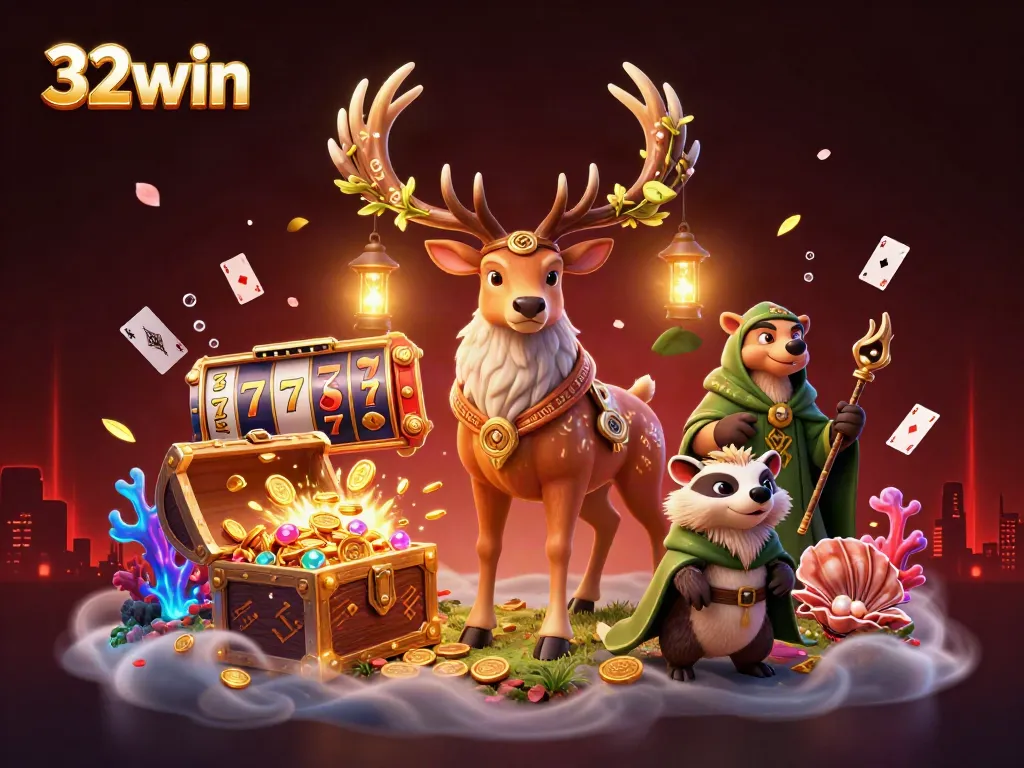 Immerse in the thrilling atmosphere of 32win with a Celtic stag and mystical elements amidst slot reels and treasure.