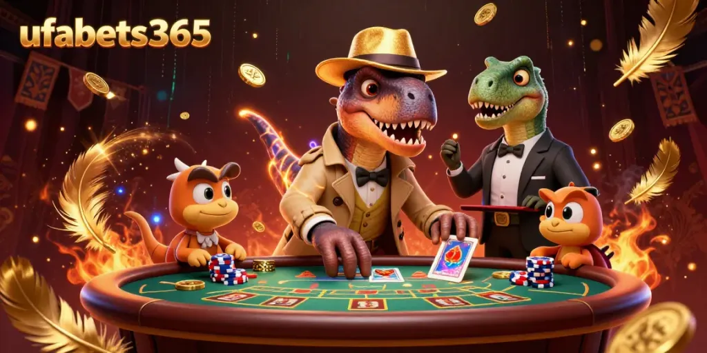 Experience dynamic action at ufabets365 with a velociraptor card counter and a stegosaurus pit boss in a vibrant casino setting.