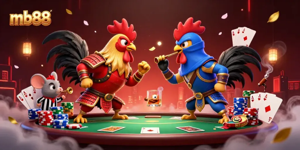 Engage in exciting standoffs at mb88, where colorful roosters symbolize thrilling poker action with chips and cards.