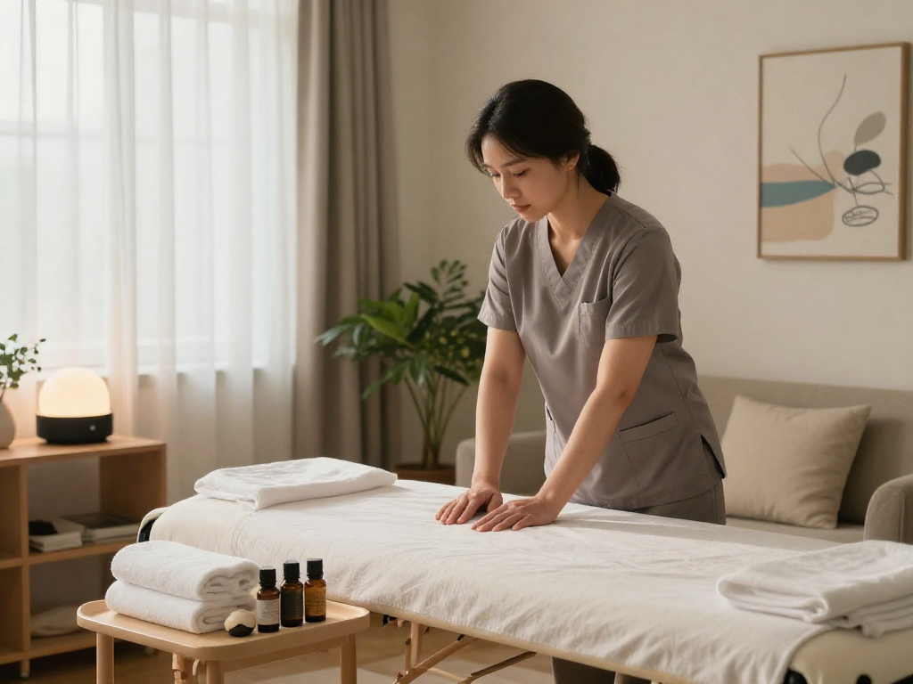 Comfortable home massage setting for 의정부출장안마 service with therapist preparing space.