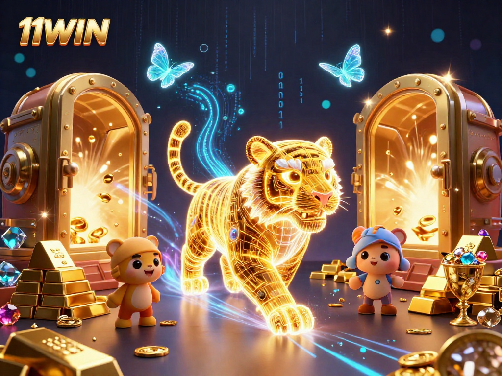 Engage with 11WIN's exciting casino adventures featuring a glowing golden tiger and treasure vault.