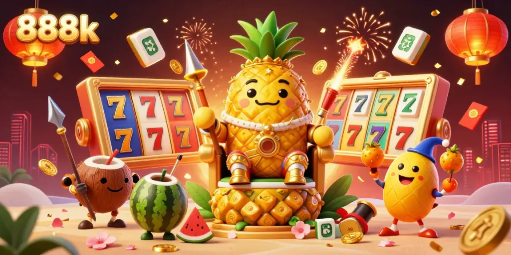 Spin to win with 888k, featuring the vibrant golden pineapple king and festive slot reels in a tropical casino.