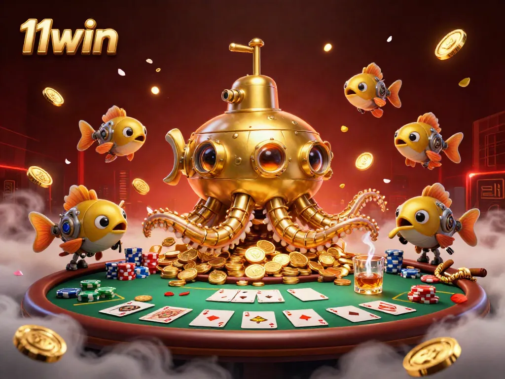 Join the excitement of 11win with a golden kraken submarine emerging through coins and poker elements!