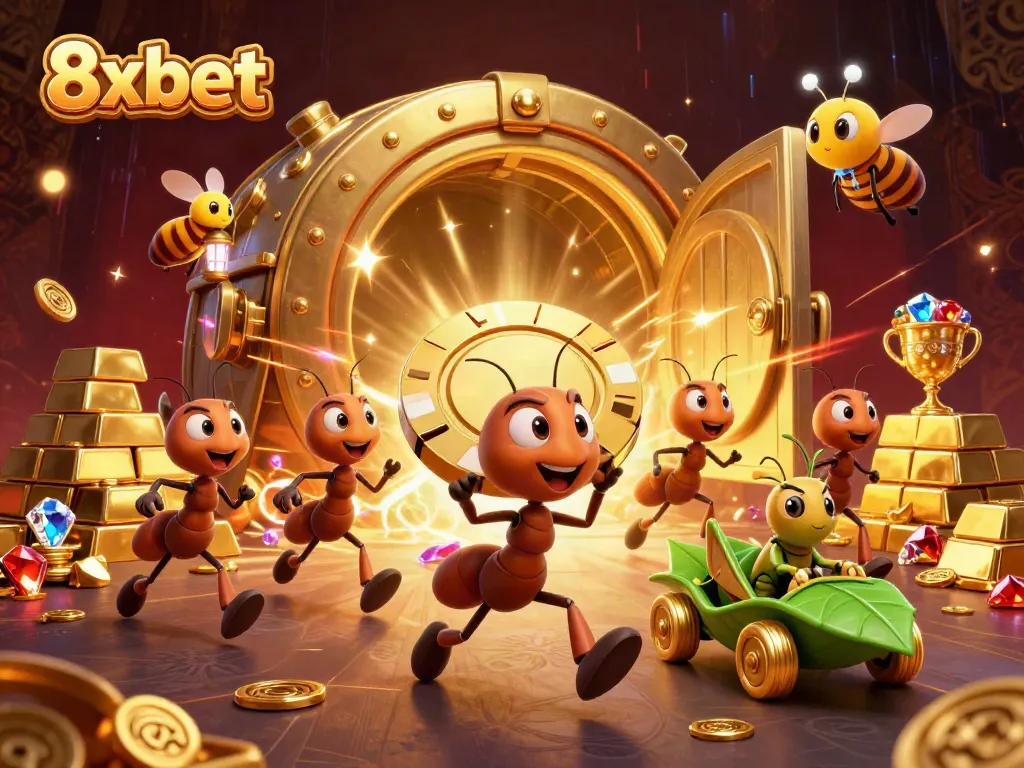 Experience the excitement of 8xbet with ants heisting a giant poker chip in vibrant casino chaos.