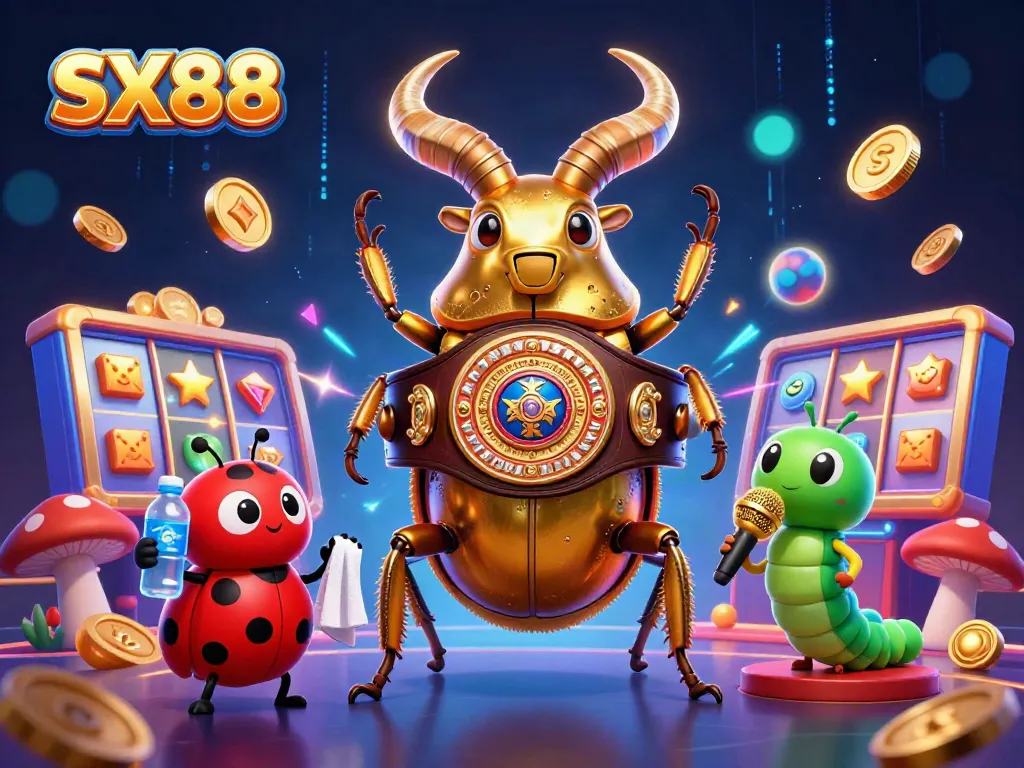 SX88 brings excitement to life as a golden stag beetle faces off in a vibrant casino showdown.