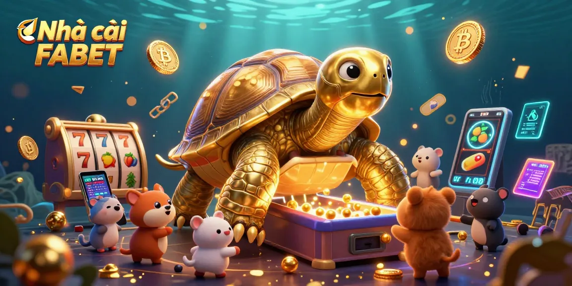 Engage with Nhà cái FABET in an exciting 3D casino scene featuring a colossal golden tortoise and vibrant games.