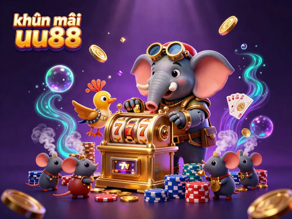 Engage with exclusive khuyến mãi uu88 in a vibrant steampunk casino scene featuring a golden slot machine.