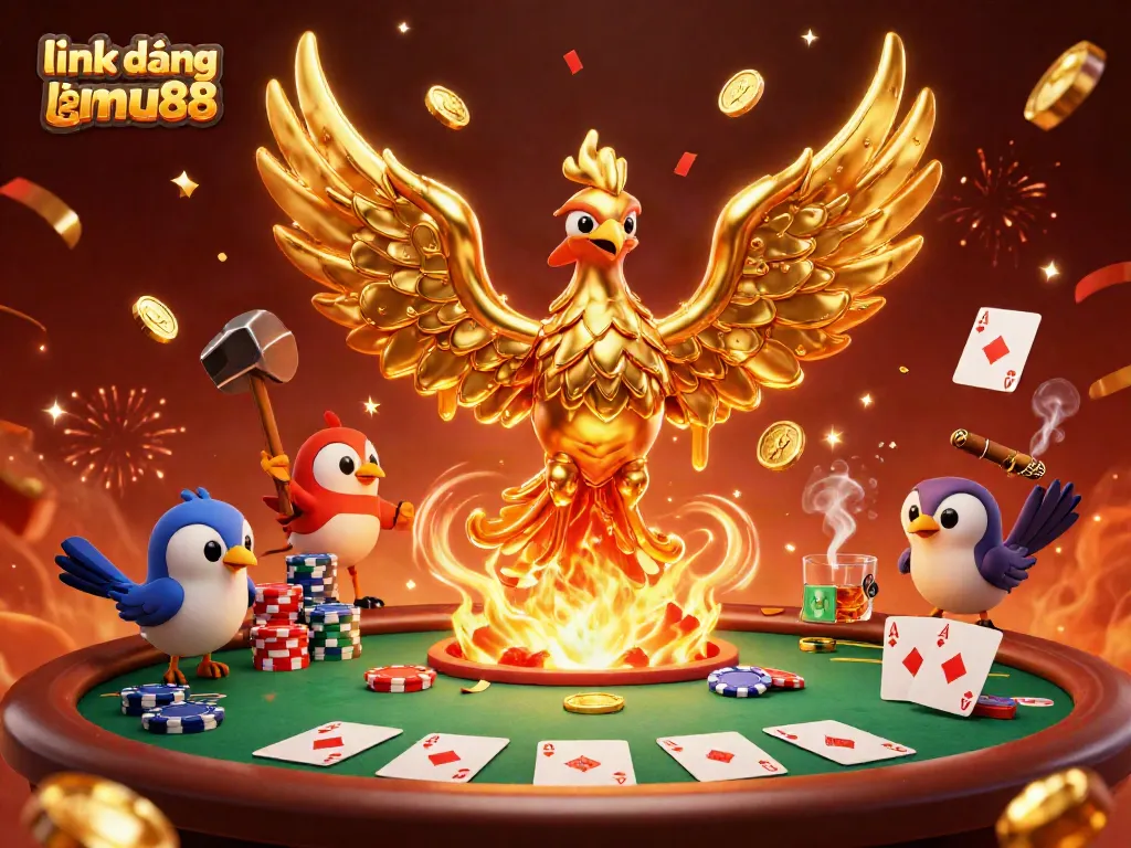 Engage in dynamic gaming action with link đăng nhập mu88, showcasing a golden phoenix and poker excitement.