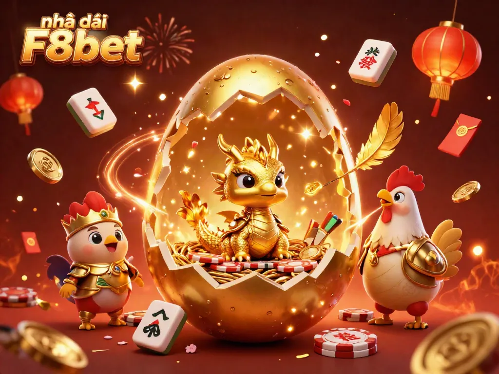 Engage with Nhà cái F8bet's vibrant 3D illustration showcasing a golden dragon and poker chips.