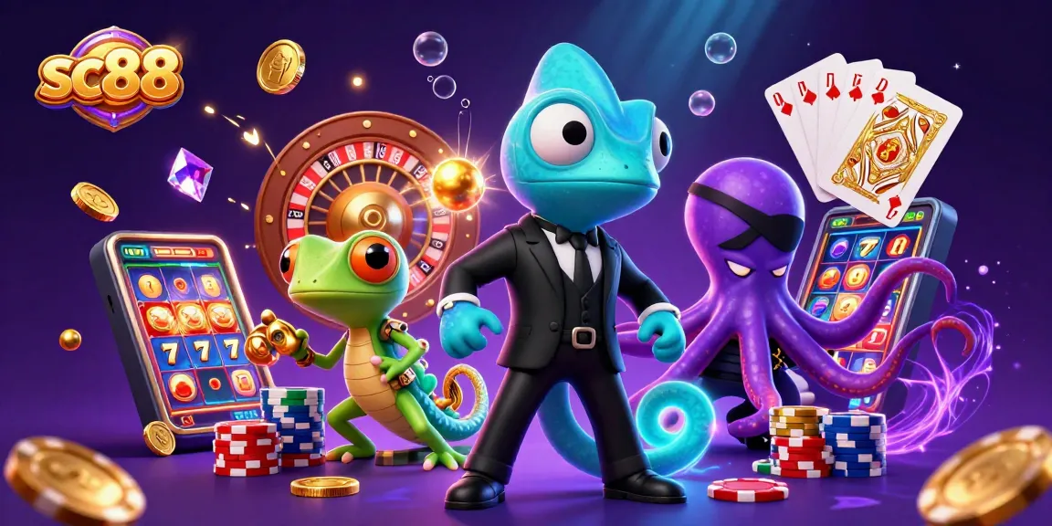 Join the excitement at SC88 casino with a vibrant scene showcasing 3D characters and slot machine elements.