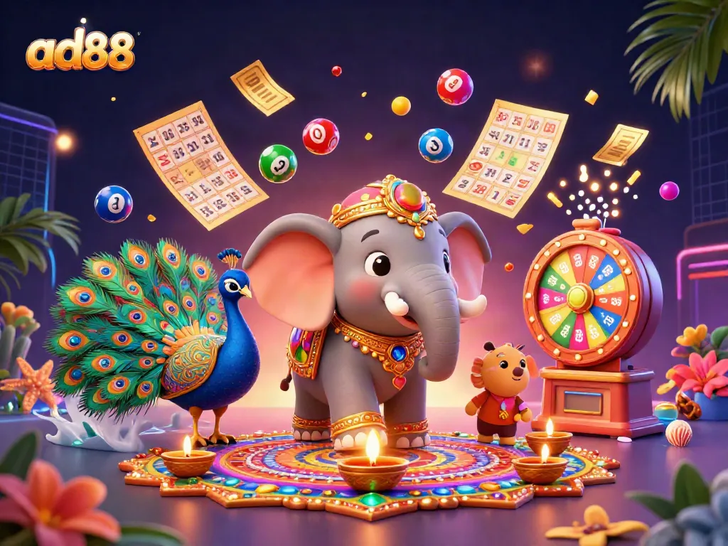 Play at ad88 with vibrant lottery balls, golden tickets, and festive elements in a dynamic gambling scene.