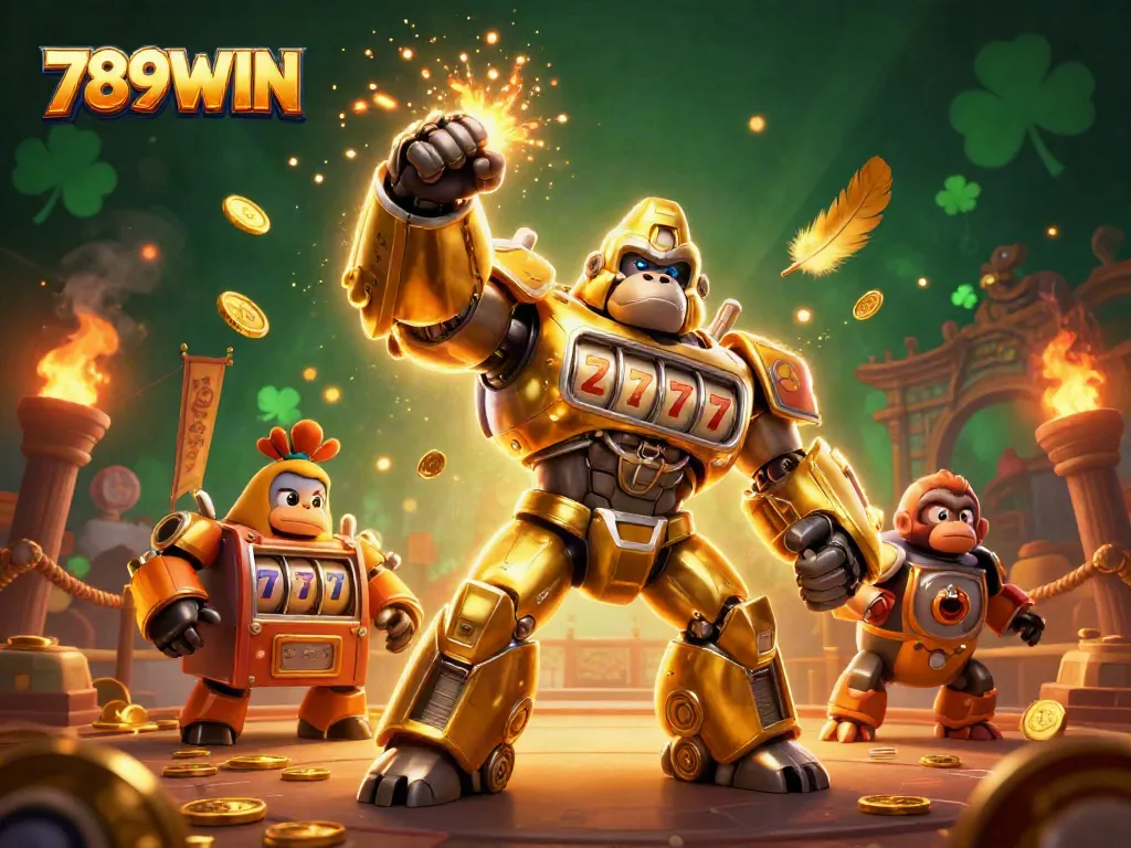 Experience thrilling gameplay with 789WIN's dynamic golden gorilla mech and vibrant casino elements.