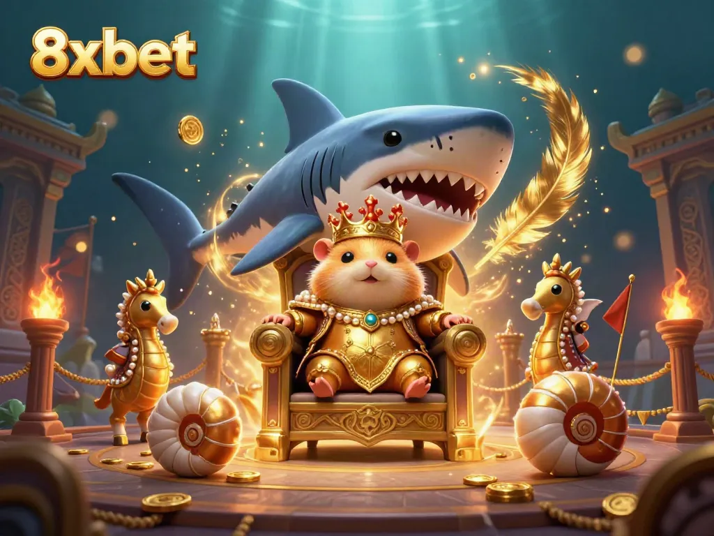 Engage with 8xbet's vibrant casino world featuring a golden hamster king and elaborate underwater scene.
