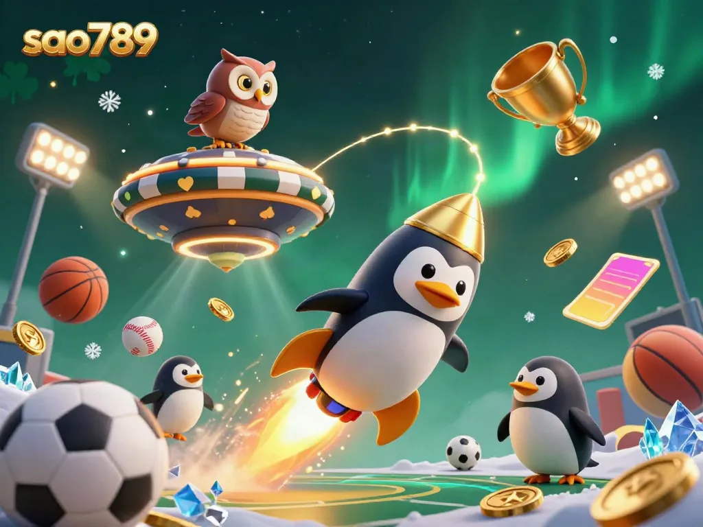 Sao789 leads a thrilling casino adventure with a golden penguin flying through space, surrounded by dynamic sports elements.
