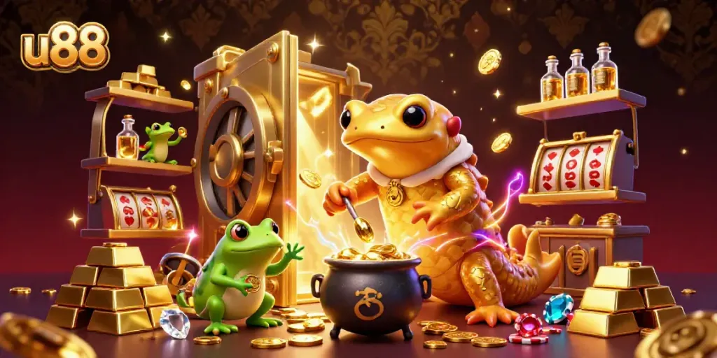 Experience the vibrant world of u88 gaming with a golden alchemist creating riches in a lively casino environment.