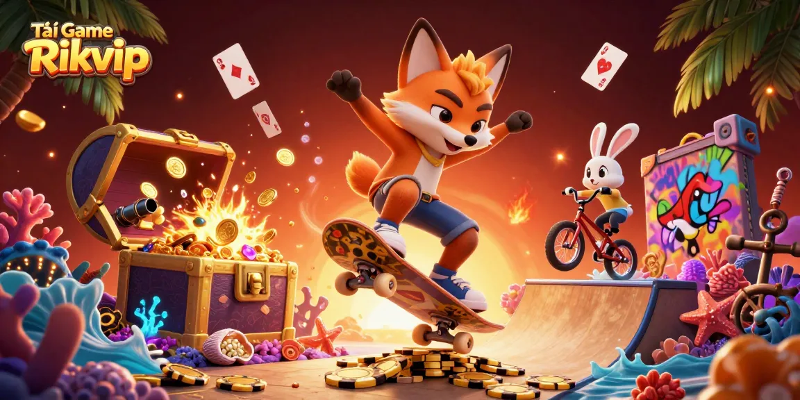 Tải game Rikvip with vibrant 3D casino-themed illustration showcasing a skateboarder fox and BMX rabbit in action.