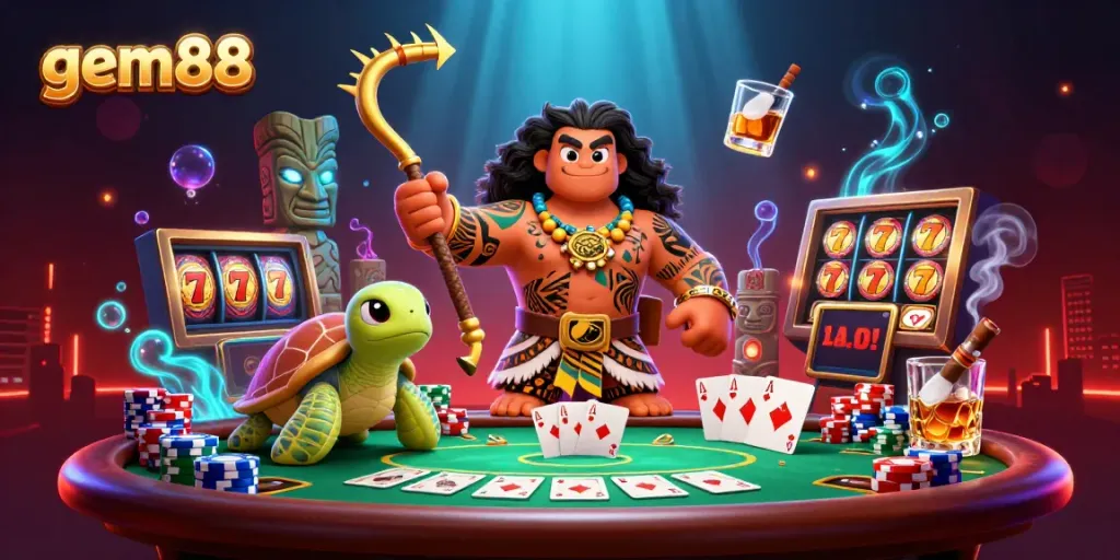 Experience the excitement of gem88 with a lively 3D scene featuring a demigod hawk, poker, and vibrant gaming elements.
