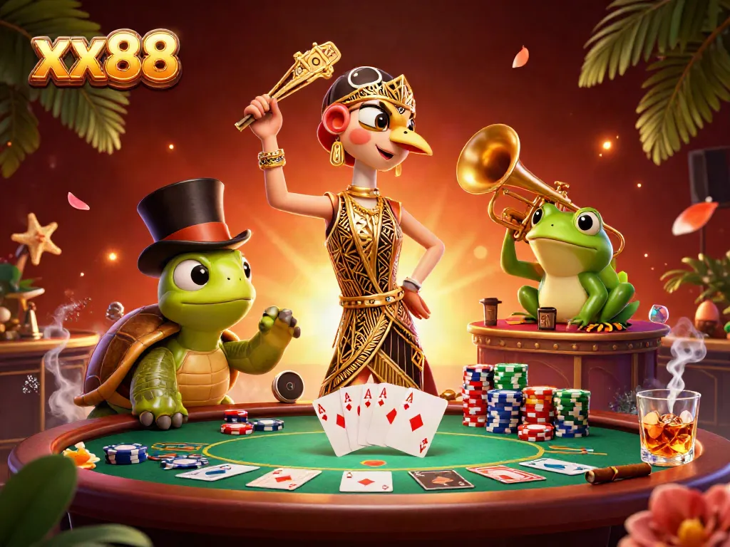 Engage with xx88's vibrant poker scene featuring unique characters in a dynamic gambling environment.