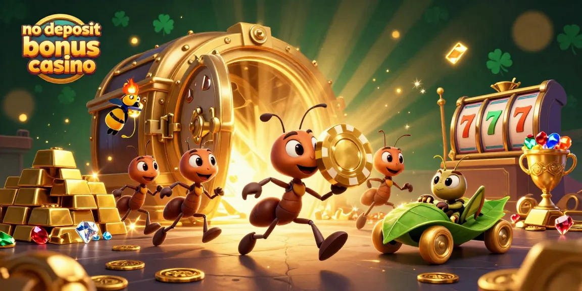 Explore no deposit bonus casino fun as cartoon ants carry a giant poker chip amidst treasure!