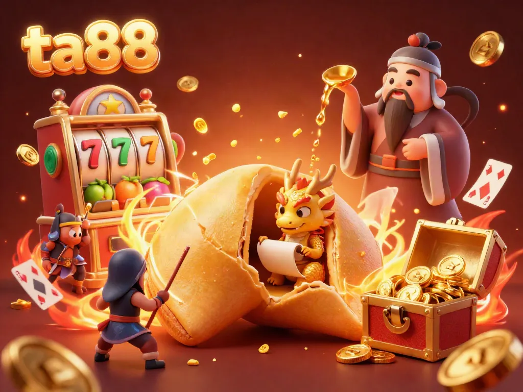 Experience the thrill of ta88 with vibrant casino elements emerging from a fortune cookie.