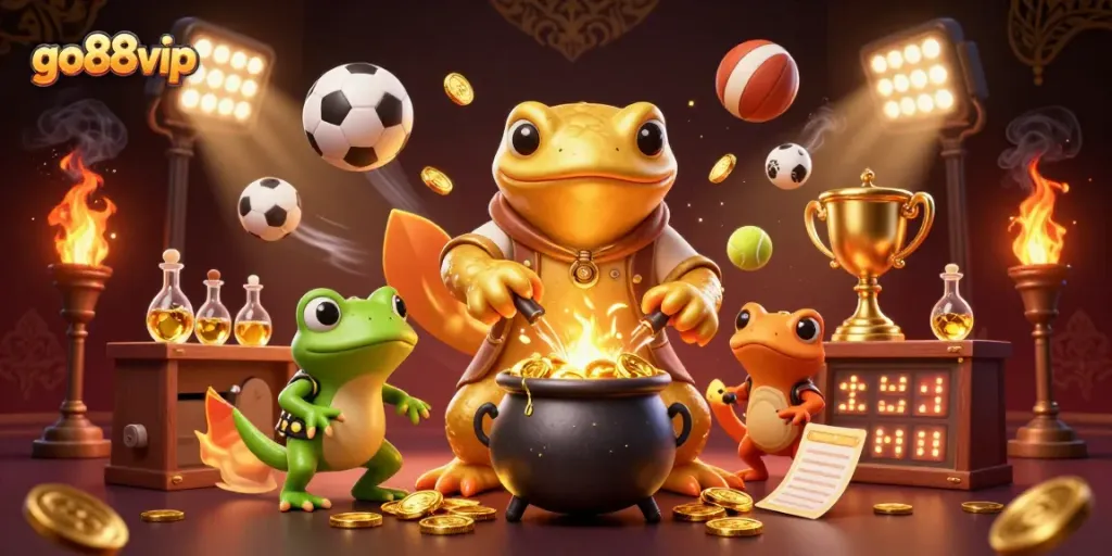 Engage with go88vip as the golden salamander alchemist creates gold coins in a vibrant casino scene.