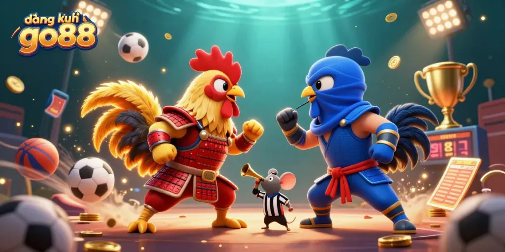 Engage in exciting gameplay with đăng ký go88, featuring cartoon roosters and vibrant casino elements.