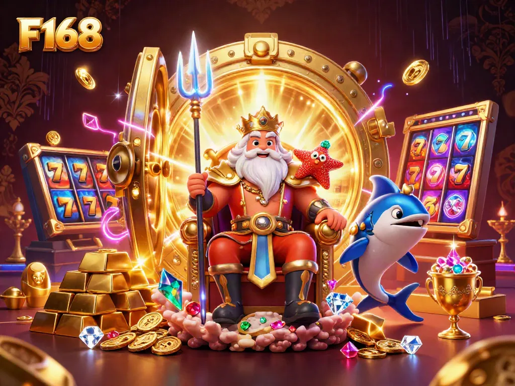 Engage with F168 by spinning vibrant slot reels and winning big in this 3D casino scene.