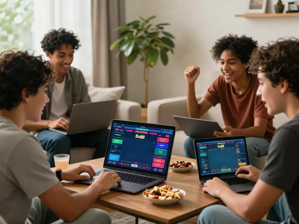 Friends enjoying online betting at https://du88az.net/ in a lively home setting.