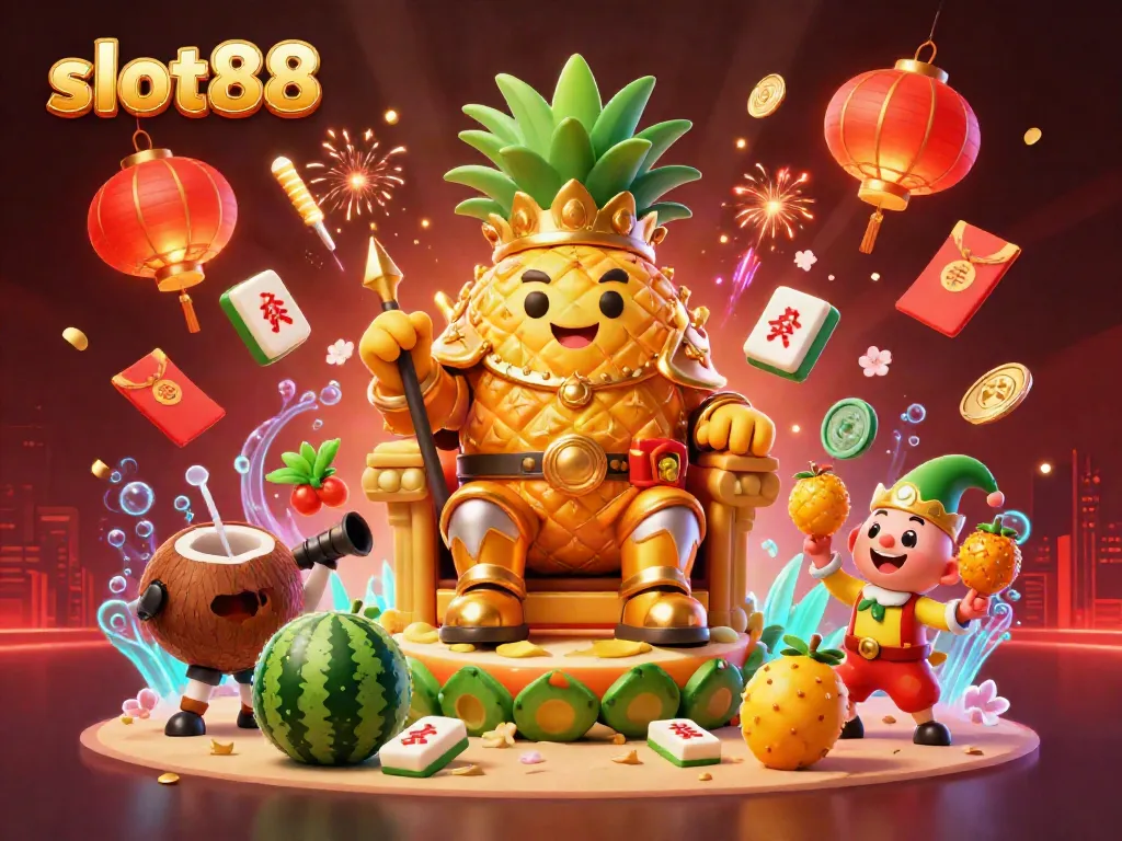 Engage with slot88 as golden pineapple king reigns in a vibrant beach casino surrounded by lively characters and festive elements.