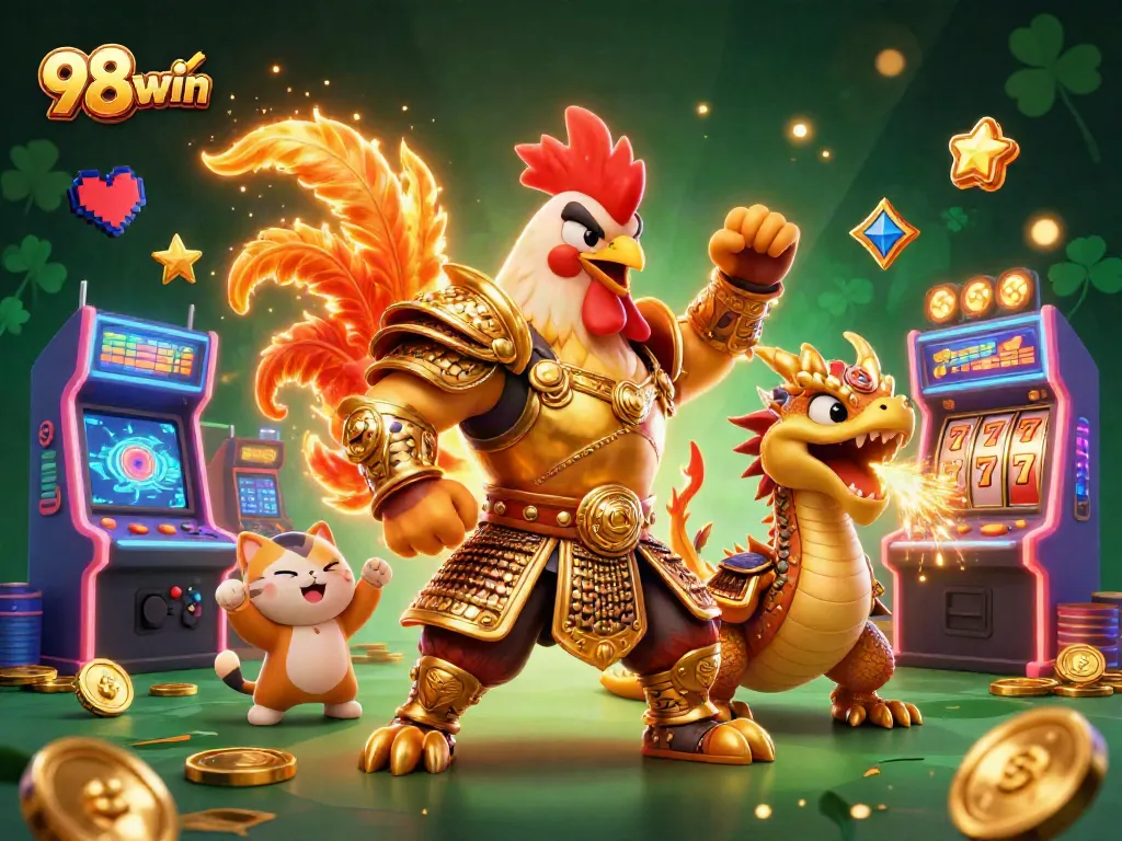 Engage in thrilling casino adventures with 98win's vibrant 3D illustration featuring dynamic gaming characters and elements.