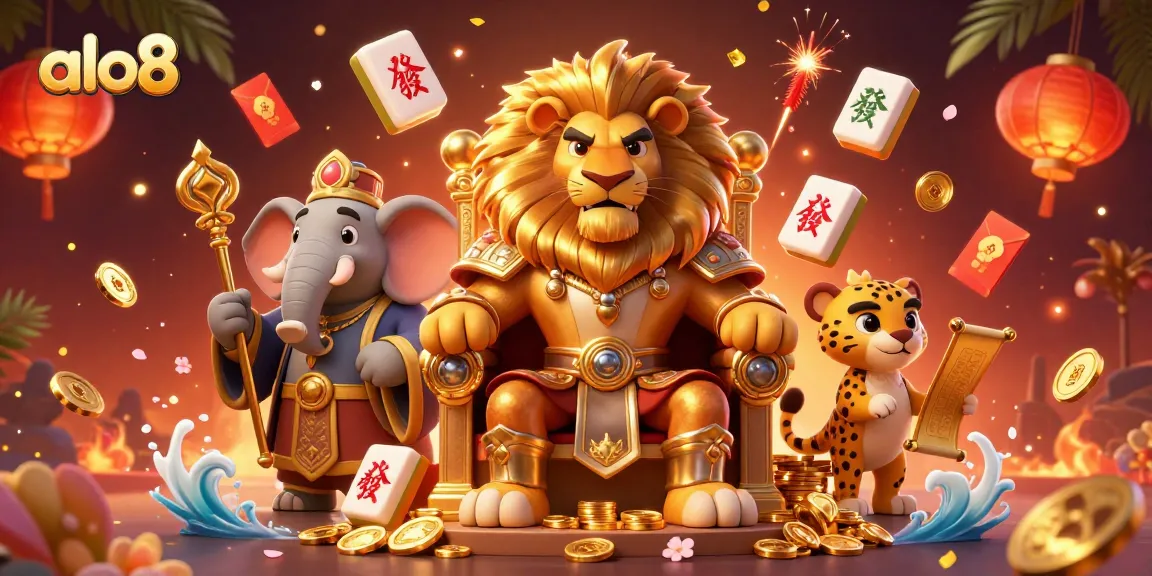 Experience the exhilarating gaming landscape with alo8, featuring a royal lion king and vibrant casino symbols.