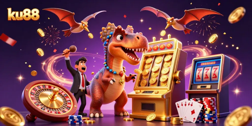 ku88 pachycephalosaurus celebrating a jackpot with golden coins and casino elements in a vibrant scene