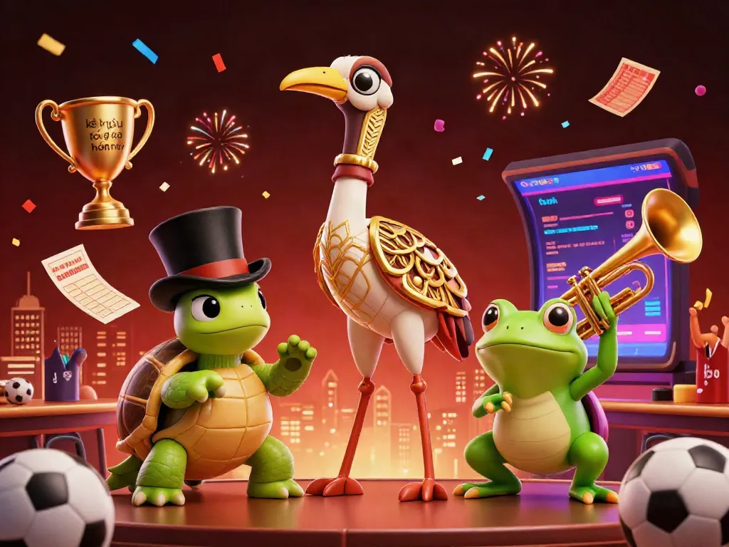 Experience the lively atmosphere of kết quả bóng đá hôm nay with sports symbols, animated characters, and betting excitement.