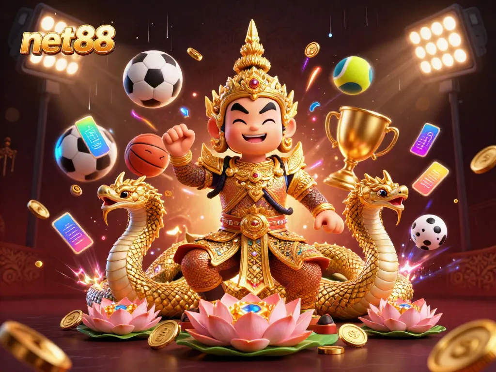 Engage in thrilling sports betting at net88 with vibrant action featuring a Thai guardian and dynamic game elements.