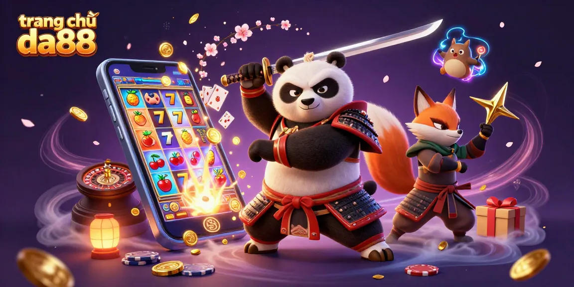 Engage with thrilling gaming action on trang chủ da88, featuring vibrant scenes of animated characters and casino elements.
