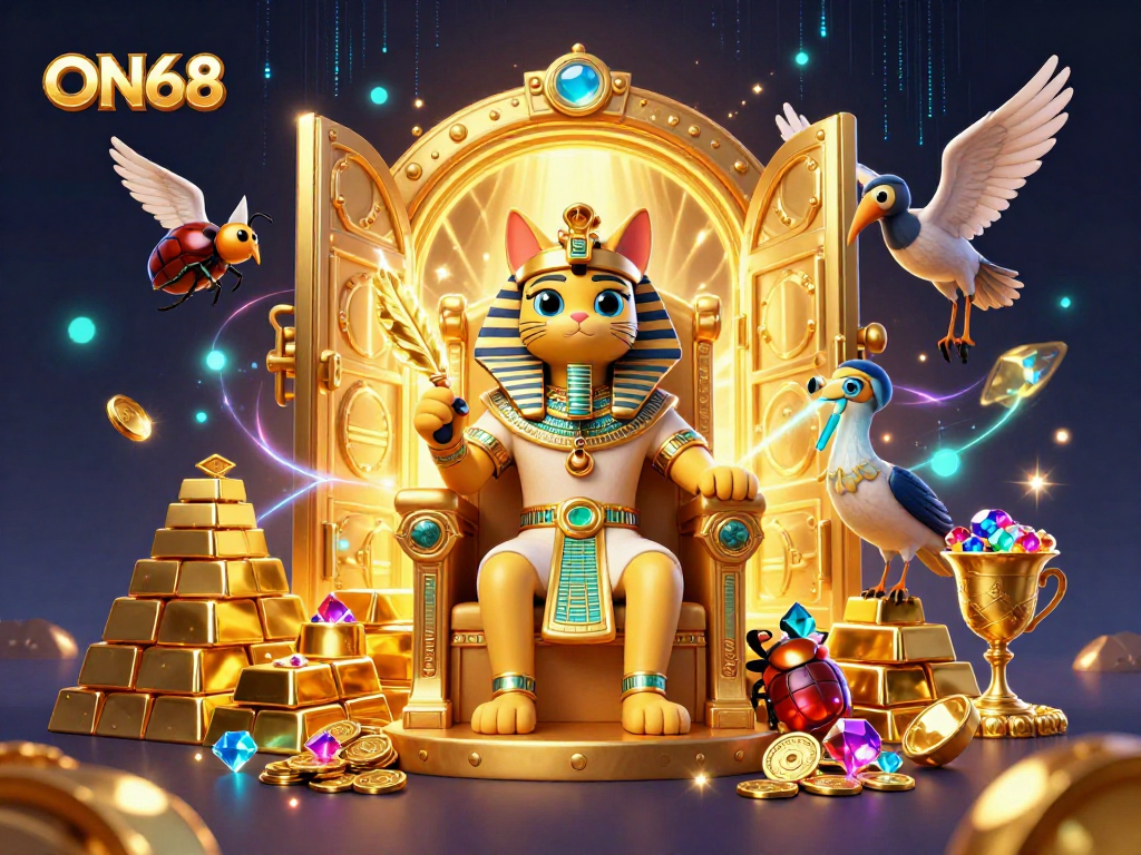 Win big at ON68 with vibrant casino elements and dynamic characters amidst treasures.