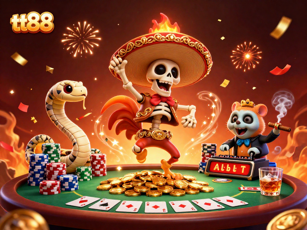 tt88 brings you vibrant casino fun with a victorious mariachi rooster, mummy, and DJ hamster celebrating wins.