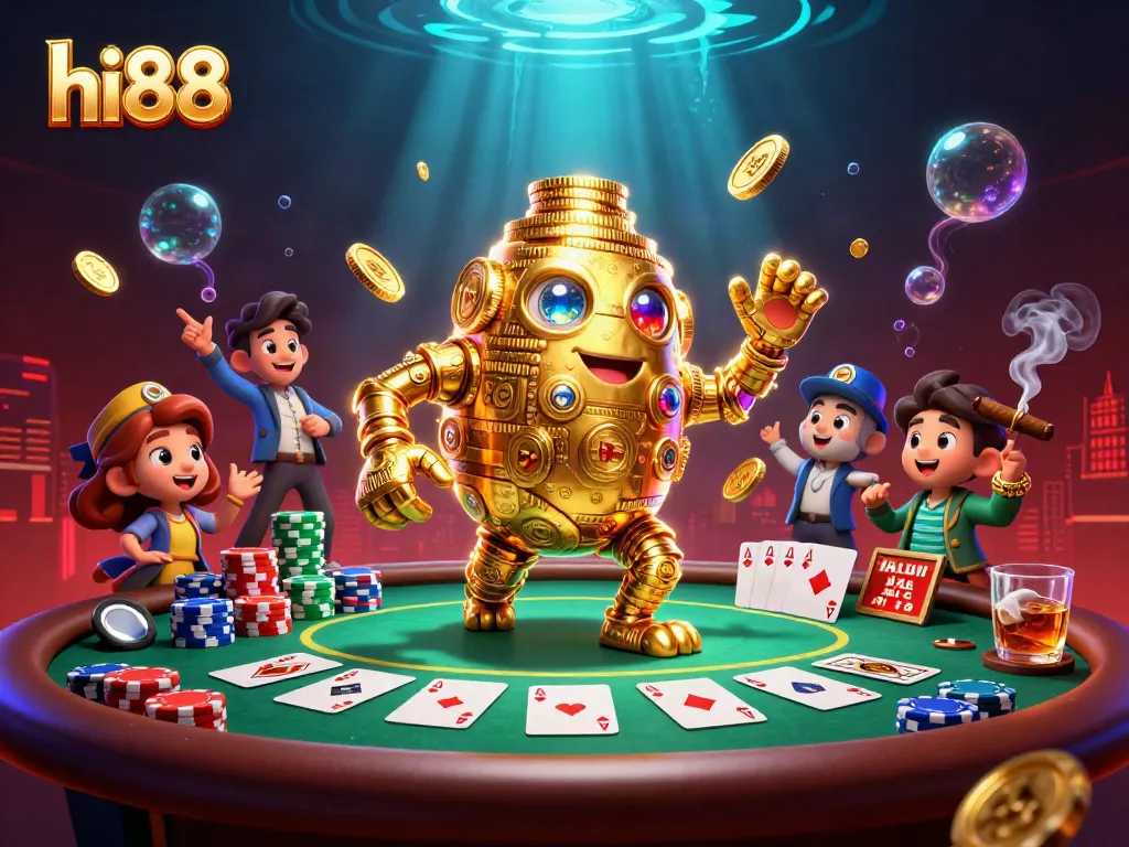 Engage with hi88's thrilling casino universe featuring a golden golem and vibrant poker scene.