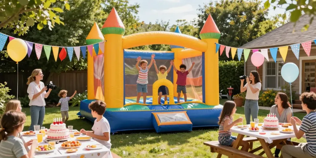 Children enjoying a colorful bounce castle at an outdoor birthday party, filled with joy and laughter.